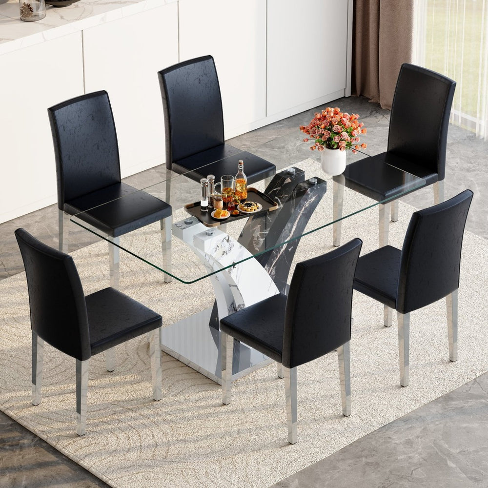English Elm Table 7-Piece Modern Dining Set With Glass Top, Artistic Mdf Legs, And 6 Comfortable Pu Chairs W1151S03803-GIGA