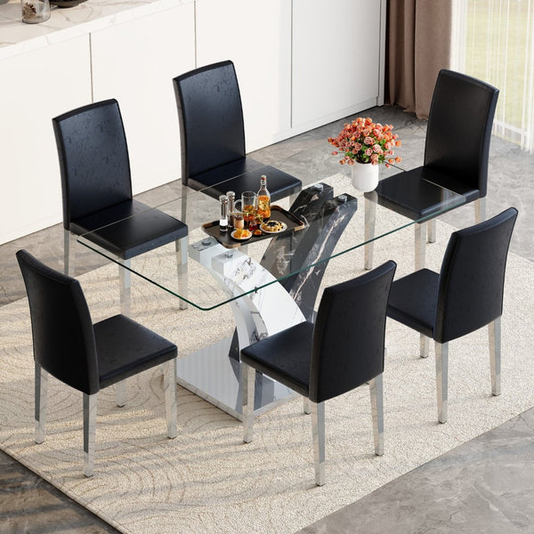 English Elm Table 7-Piece Modern Dining Set With Glass Top, Artistic Mdf Legs, And 6 Comfortable Pu Chairs W1151S03803-GIGA