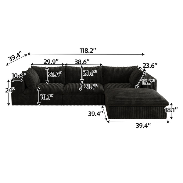 English Elm 118.2" Modular Cloud Sofa Corduroy Upholstered Deep Seat Lounge for Living Room Black W2824S00181
