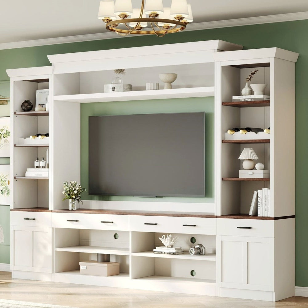 English Elm On-Trend Farmhouse 4-Piece Entertainment Wall Unit For Tvs Up To 70" With Wine Rack & Adjustable Shelves N721S000046K-GIGA