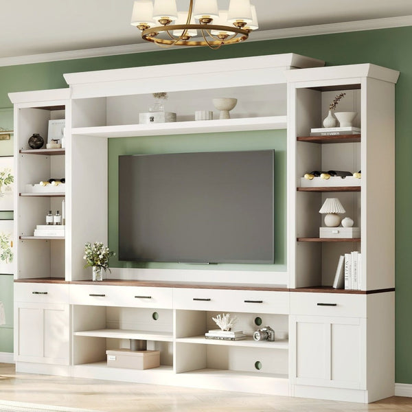 English Elm On-Trend Farmhouse 4-Piece Entertainment Wall Unit For Tvs Up To 70" With Wine Rack & Adjustable Shelves N721S000046K-GIGA