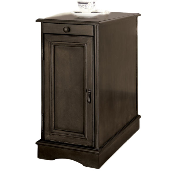 English Elm Transitional Side Table with Built-In USB & Power Dock, Pull-Out Cup Holder and Spacious Cabinet Storage Gray 15 L x 27 W x 27 H B2741P341687