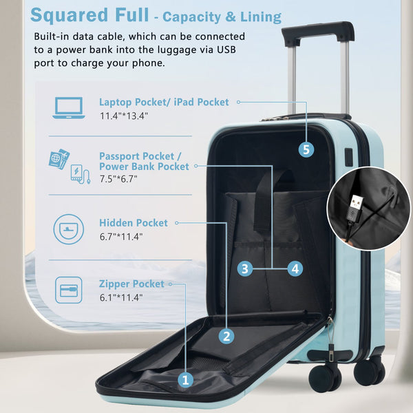 English Elm Front Access Hardside 3 Piece Travel Set with Usb Port Spinner Wheels and Tsa Lock Light Blue N732P326130N