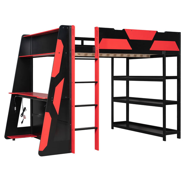 English Elm Full Size Gaming Loft Bed with Led Lighting Desk Shelves and Usb Charging Ports Black+Red N820S00076J