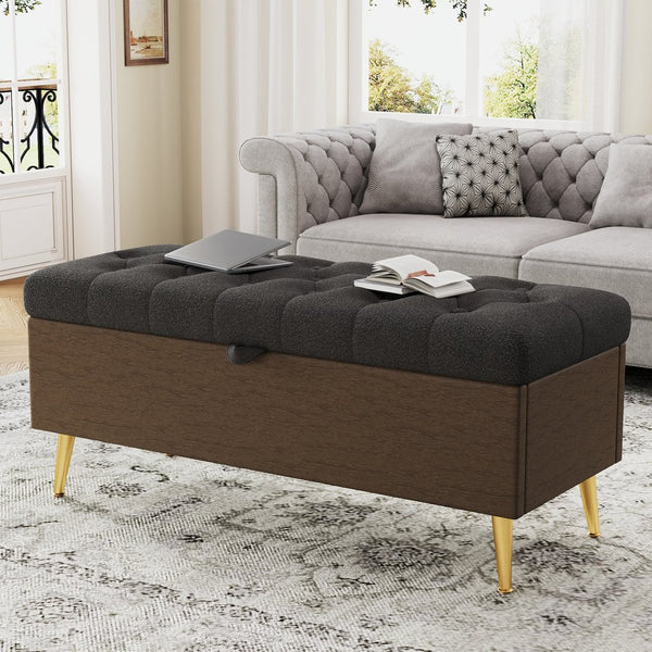 English Elm Modern Boucle Tufted Storage Ottoman Bench with Gold Legs for Bedroom or Entryway Grey N719P305620E