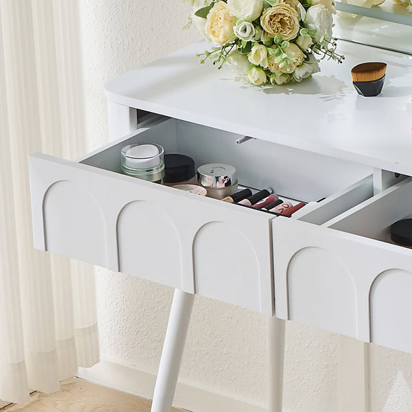 English Elm Modern Makeup Vanity Desk with Slide-Out Cabinet, LED Mirror, 4 Soft-Close Drawers & Cushioned Stool White N844P257529A