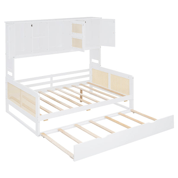 English Elm Full Wooden Daybed With Twin Trundle & Versatile Cabinet Shelf - Space-Saving Comfort In White N820S00049K