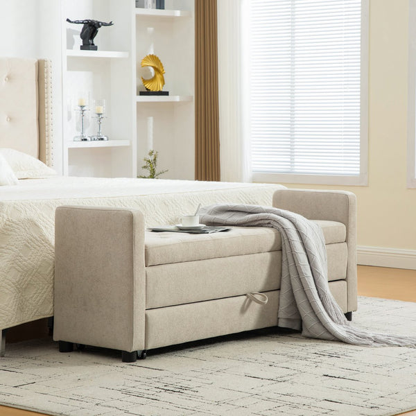 English Elm 58.27" Wide Napped Fabric Upholstered Storage Bench Rolled Armrest Caster Wheels Entryway Griege W3189P445991