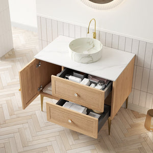 English Elm Dina Floating Bathroom Vanity Sintered Stone Top Glass Basin Striped Plywood Cabinet W2615S00477