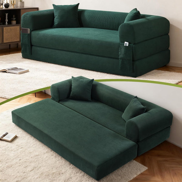 English Elm Convertible Corduroy Sleeper Sofa Queen Fold Out Bed with Dual Storage Pockets Dark Green W3396P483180