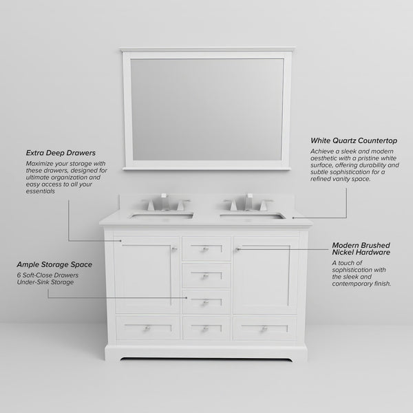 English Elm White Double Bath Vanity 48 in with White Quartz Top, Soft-Close Drawers, Chrome Faucet, Ample Storage B2731P258325