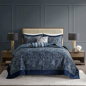 JLA Home Madison Park - 5 Jacquard Bedspread Set Reversible Paisley-Textured Quilt with Shams and Decorative Pillows, Taupe Sheen Navy MP13-7964