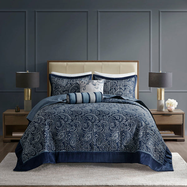 JLA Home Madison Park - 5 Jacquard Bedspread Set Reversible Paisley-Textured Quilt with Shams and Decorative Pillows, Taupe Sheen Navy MP13-7964