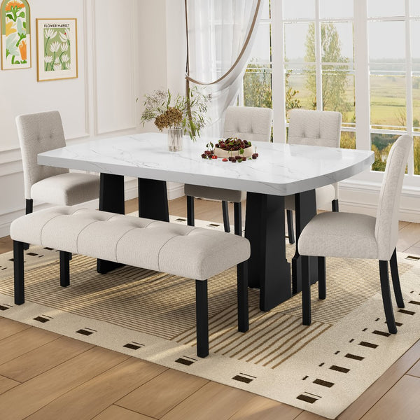 English Elm Modern Tufted Linen Dining Bench with Button-Tufted Seat and Rubber Wood Legs for Entryway Seating Beige N752P317335A