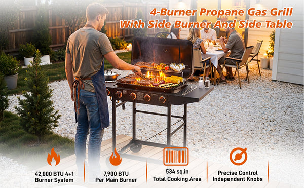 English Elm 4 Burner Propane Gas Grill with Cast Iron Grates Side and 42000 Btu Outdoor Power W1820P341742
