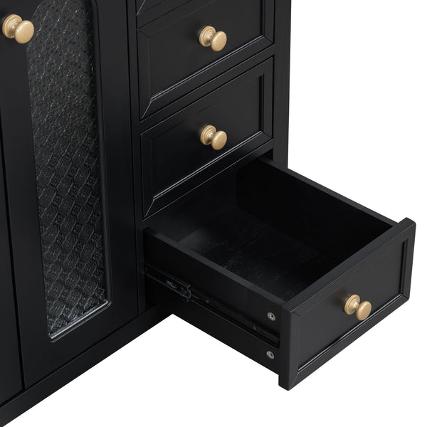 English Elm 36-inch ceramic basin vanity with patterned glass doors, gold round handles & ample storage drawers Black N729P184710B