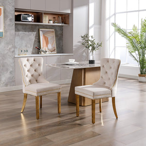 English Elm Hengming Tufted Wingback Velvet Dining Chairs Nailhead Trim Formal Set of 2 Beige W212P465074