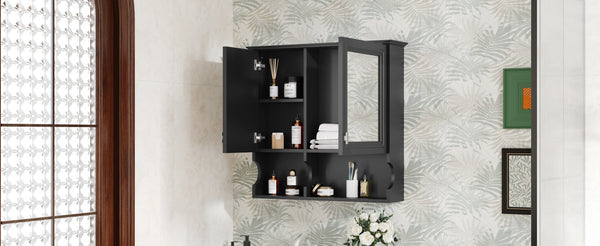 English Elm 30 30 Inch Mirror Medicine Cabinet with Half-Moon Design, Soft-Close Hinges, Open Shelf & Solid-Wood Frame Black N710P322812B