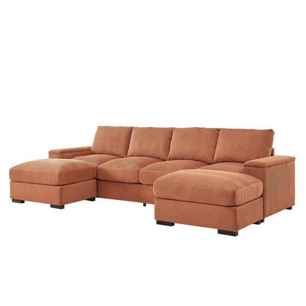 English Elm 122"l Corduroy Sectional with Dual Ottomans Modular U-shape Sofa for Modern Living Orange W1669S00022