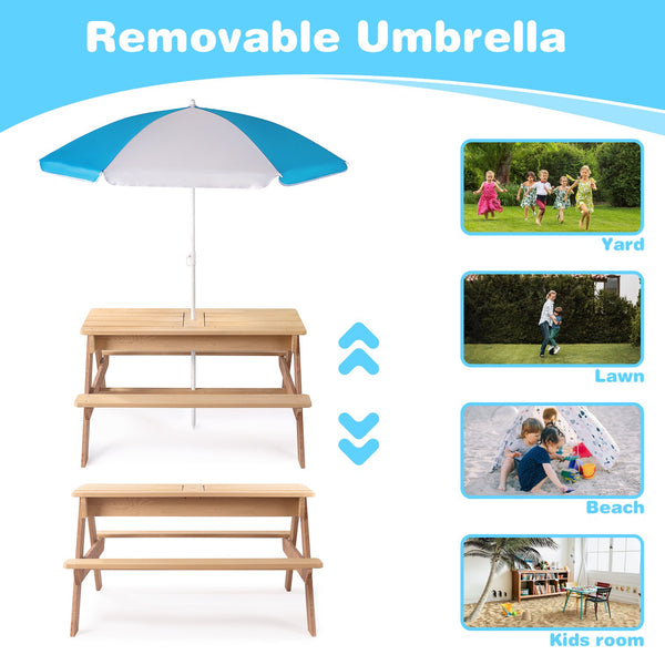 English Elm 3-in-1 Kids Cedar Outdoor Picnic Sand Water Play Table with Shading Umbrella W1390P160713