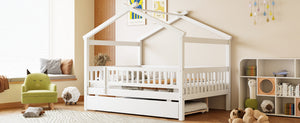 English Elm Full Size Pine House Bed with Roofline Frame and Roll Out Twin Trundle for Kids LP100306AAK