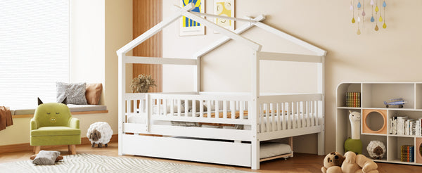 English Elm Full Size Pine House Bed with Roofline Frame and Roll Out Twin Trundle for Kids LP100306AAK