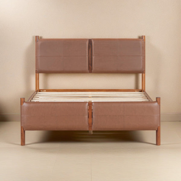 English Elm Christopher Knight Home® - Queen Upholstered Leather Headboard Bed Frame with Solid Wood Slats, Mid-Century Modern Support, No Box Spring Needed Brown N758D928485N