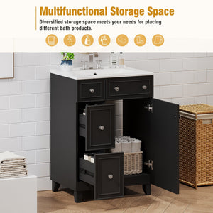 English Elm 24-Inch Bathroom Vanity Cabinet with Ceramic Sink, Space-Saving Storage, Solid Wood Feet, Durable Finish Black WF532034AAB
