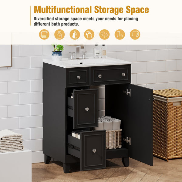English Elm 24-Inch Bathroom Vanity Cabinet with Ceramic Sink, Space-Saving Storage, Solid Wood Feet, Durable Finish Black WF532034AAB
