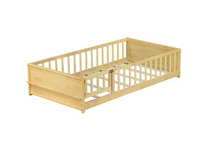 English Elm Twin Size Floor Bed With Book Rack & Fenced Door For Cozy Playtime, Natural Finish Design & Assembly W504P345771-GIGA