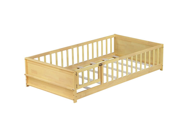 English Elm Twin Size Floor Bed With Book Rack & Fenced Door For Cozy Playtime, Natural Finish Design & Assembly W504P345771-GIGA