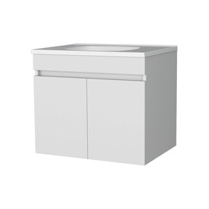 English Elm White Floating Vanity with Dual Doors and Integrated Basin, Wall-Mounted Compact Bathroom Storage Solution B062P303926