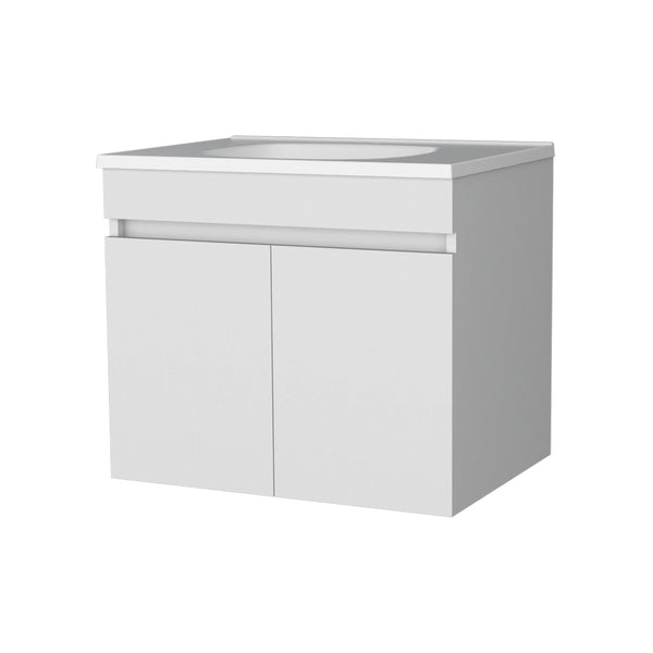 English Elm White Floating Vanity with Dual Doors and Integrated Basin, Wall-Mounted Compact Bathroom Storage Solution B062P303926