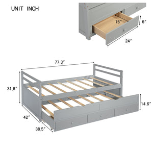 English Elm Twin Twin Size Bed with Trundle and Three Storage Drawers, Space-Saving Pine Frame with Classic Headboard Grey W504P197161