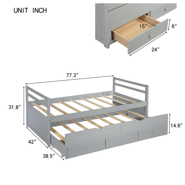 English Elm Twin Twin Size Bed with Trundle and Three Storage Drawers, Space-Saving Pine Frame with Classic Headboard Grey W504P197161