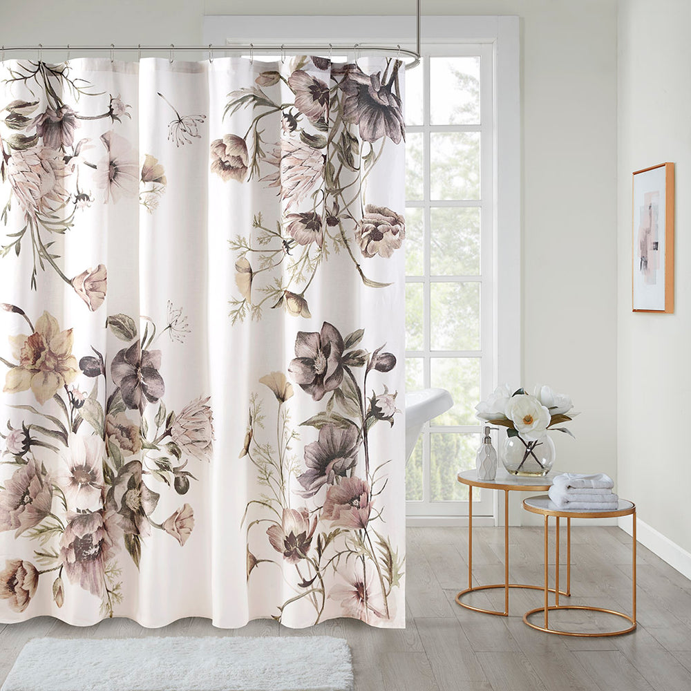 JLA Home Madison Park - Printed Cotton Shower Curtain with Vintage Floral Percale, OEKO-TEX Certified, Soft Romantic Draped 72x72 Blush MP70-6717