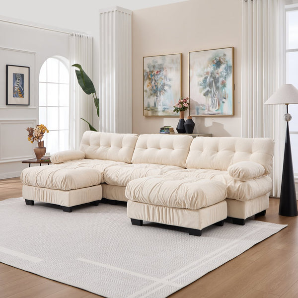 English Elm U Shaped Modular Cloud Sectional Deep Seat Flannelette Sofa with Rounded Bolster Armrests Beige W2120S00041
