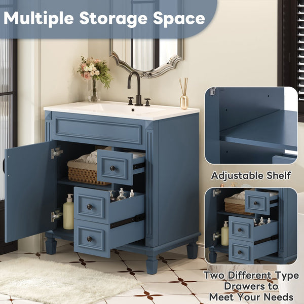 English Elm 30" French-Inspired Bathroom Vanity With Ceramic Sink, Soft-Close Drawers & Elegant Storage Solutions N710P323323C