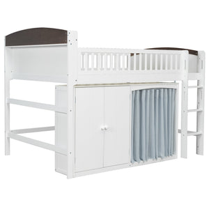 English Elm Twin Loft Bed with Wardrobe Cabinet Led Lighting and Pine Frame for Kids Rooms White N7090002236K