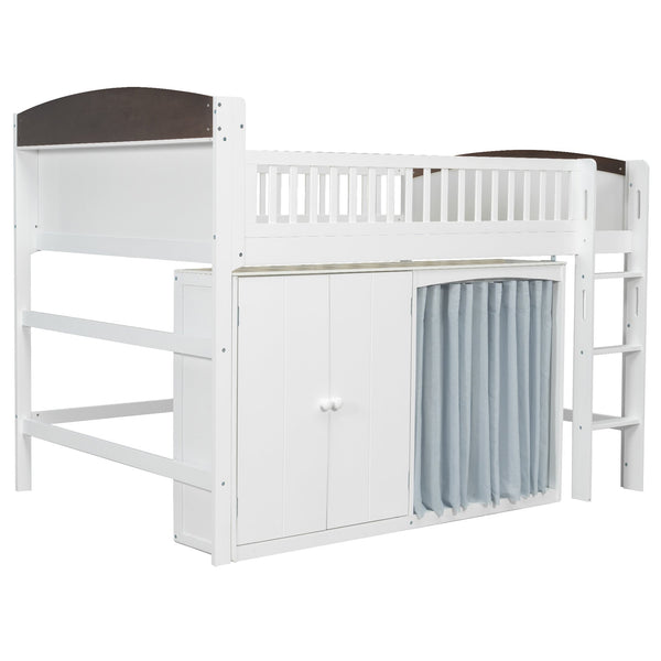 English Elm Twin Loft Bed with Wardrobe Cabinet Led Lighting and Pine Frame for Kids Rooms White N7090002236K
