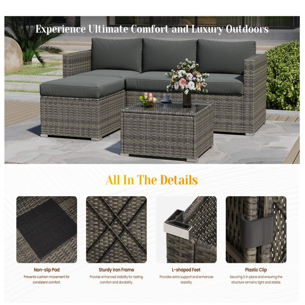 English Elm 5-piece Outdoor Modular Pe Rattan Wicker Patio Set with Tempered Glass Coffee Table Gray B082P455127