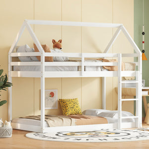 English Elm Twin Rubber Wood Floor Bunk Bed House-Shaped Design with Ladder Guardrails Sturdy Low-Profile Retreat White W504P206864