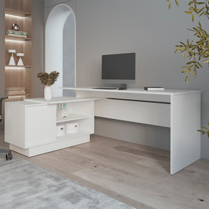 English Elm L-Shaped Desk Farrell White with 65" Work Surface, Integrated Cabinet & Open Shelves for Office Use B092S00266