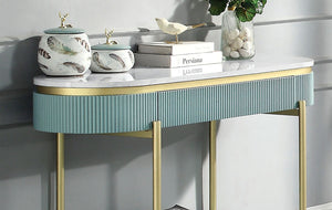 English Elm Glam Hollywood Regency Sofa Table Faux Marble Top Teal Reeded Panels Gold Frame B011P184959