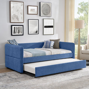 English Elm Daybed Boucle Upholstered Tufted Twin Trundle Sofa for Guest Bedroom Studio Lounge Blue W1413S00173