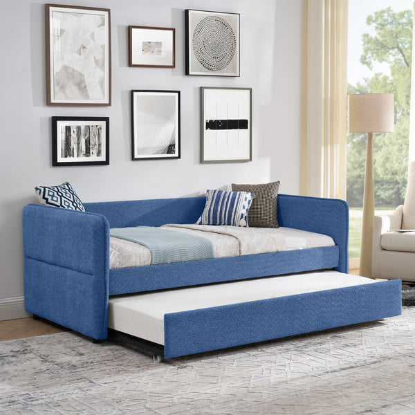 English Elm Daybed Boucle Upholstered Tufted Twin Trundle Sofa for Guest Bedroom Studio Lounge Blue W1413S00173