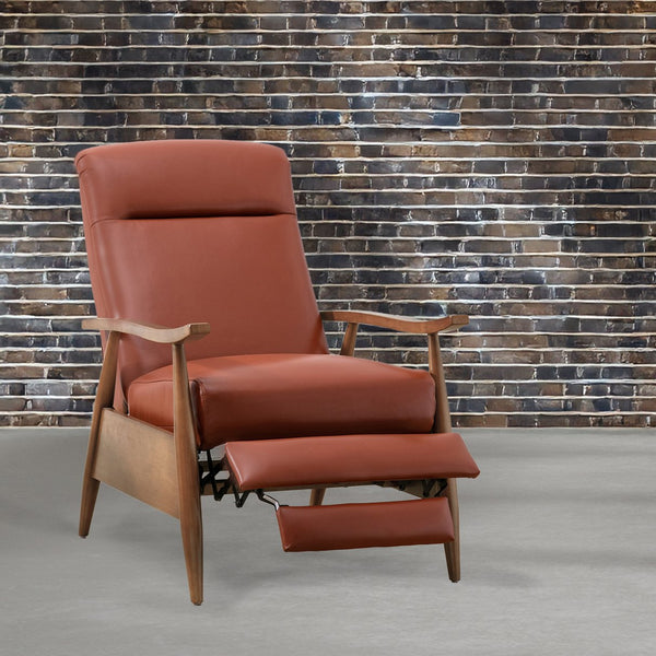 English Elm Fremont Top-Grain Leather Wood Arm Push Back Recliner with Chestnut Arms and Cushioned Headrest Caramel B050P366072