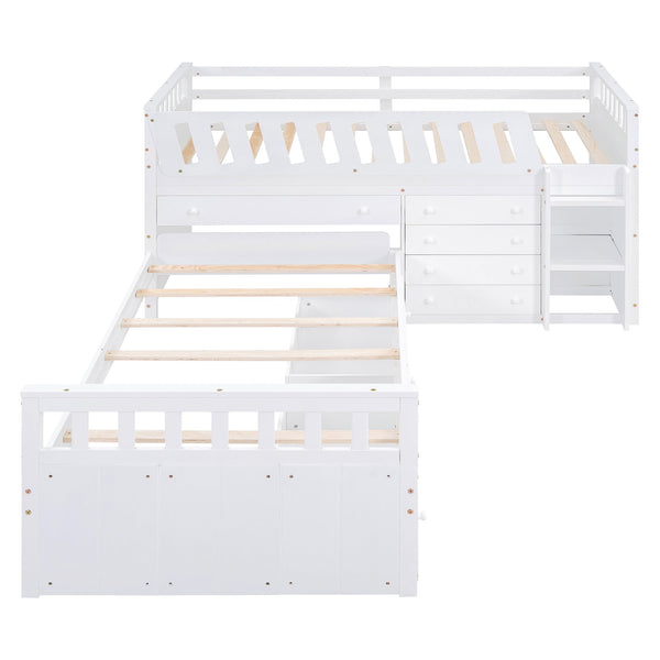 English Elm L-shaped Twin Loft Platform Bed with 7 Drawers Full Guardrails Kids White Pine LT000853AAK