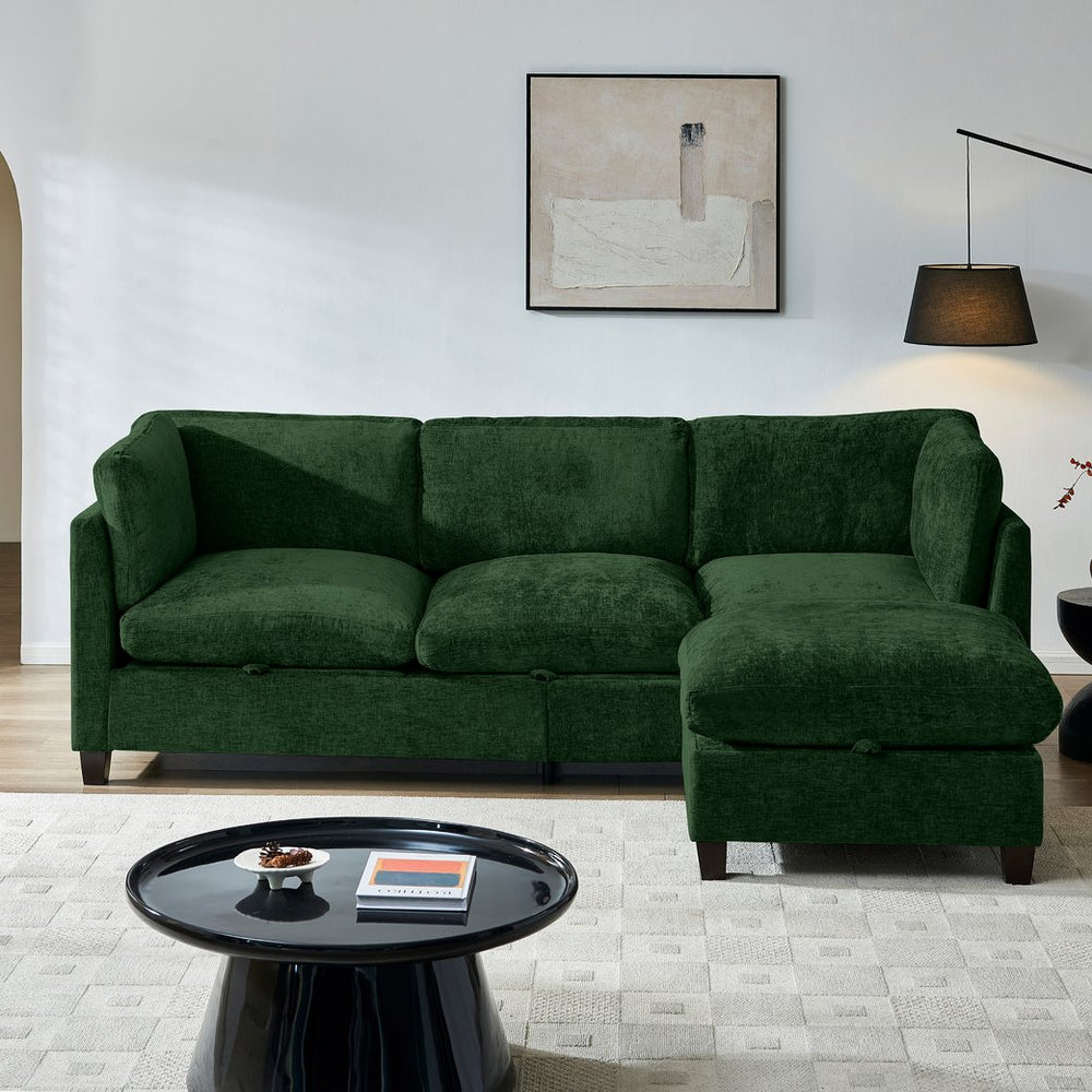 English Elm 96.5" L-shaped Chenille Sectional with Storage Ottoman Eucalyptus Frame Living Room Green W1097S00283