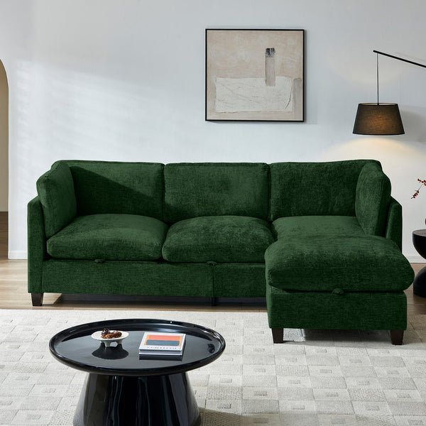English Elm 96.5" L-shaped Chenille Sectional with Storage Ottoman Eucalyptus Frame Living Room Green W1097S00283